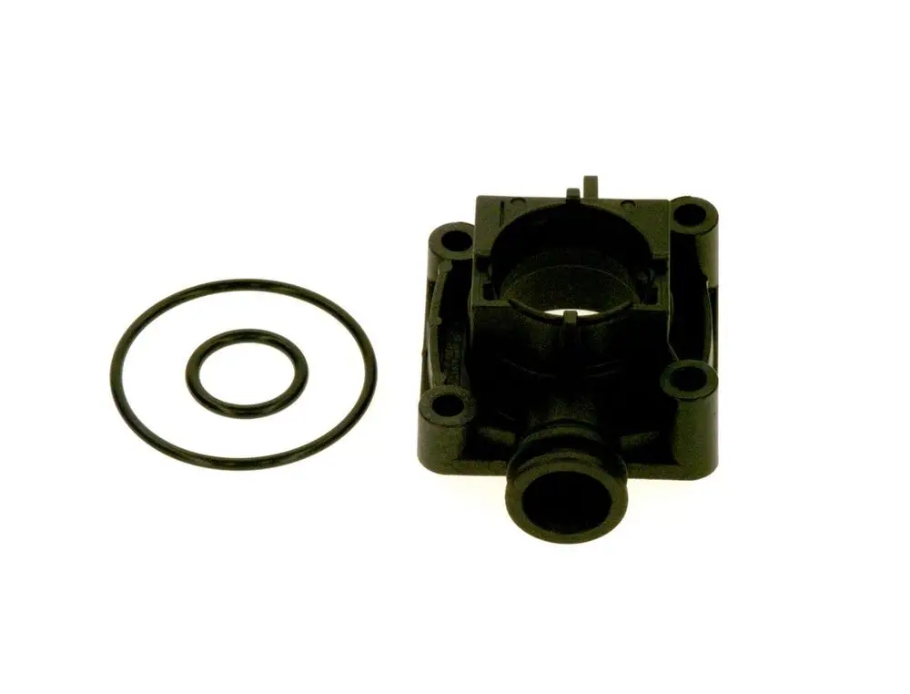 BOSCH 3-Wege-Ventilgehäuse aus schwarzem Kunststoff mit zwei O-Ringen. Komponenten für die Verbindung in einem Flüssigkeitssystem.